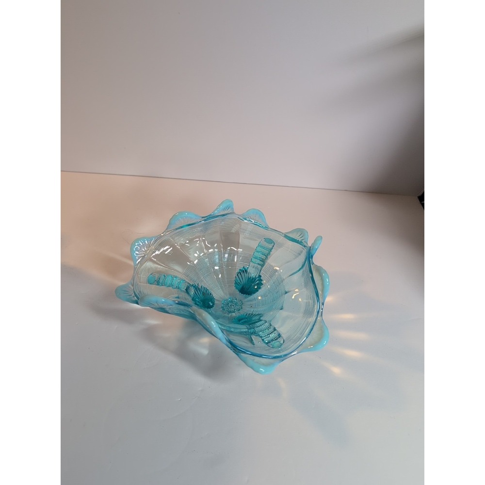 Northwood Glass Klondyke Blue Opalescent 3 Footed‎ Fluted Scroll Berry Dish